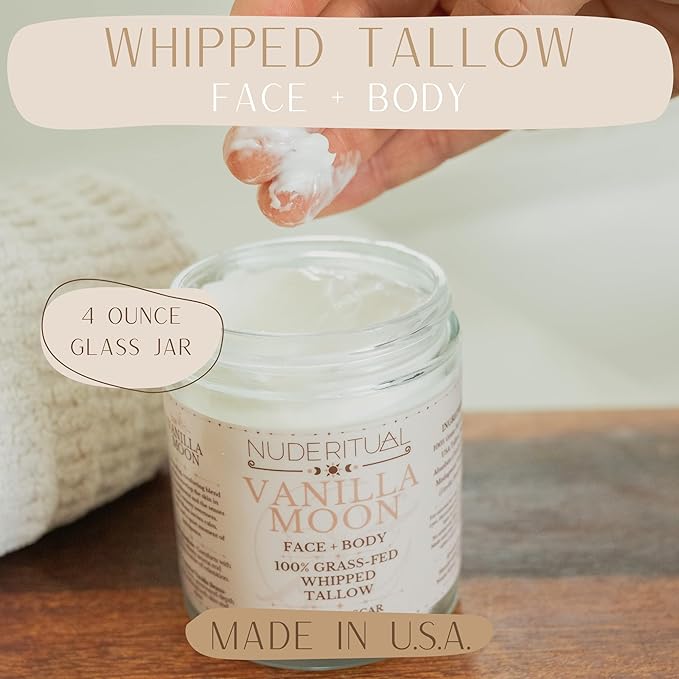 100% Grass-Fed Beef Tallow – Whipped Body Butter Moisturizer for Face & Body – USA Made Natural Lotion Alternative for Dry, Sensitive Skin – 4 oz (Vanilla Moon – Madagascar Vanilla)