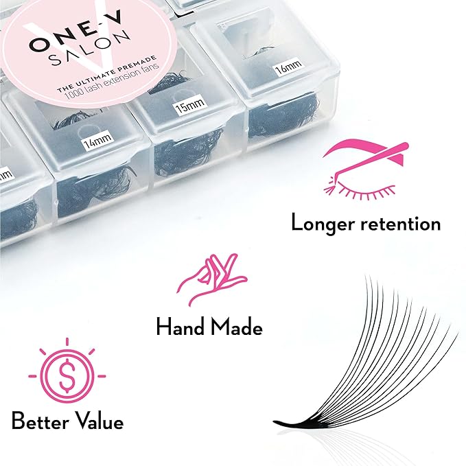 One V Salon, 1000 Loose Professional Use Premade Fans Eyelash Extensions, D Curl Volume Lashes,10D 20D 14D-0.05 Thickness, 9-16mm Fluffy Handmade Fan Mixed Tray