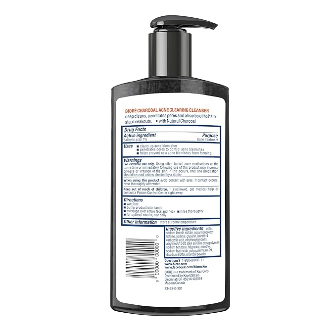 Bioré Charcoal Acne Cleanser, Salicylic Acid Treatment, Helps Prevent Breakouts, Oil Absorption and Control for Acne Prone, Oily Skin, 6.77 Ounce