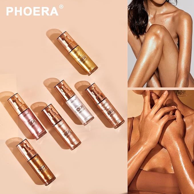 PHOERA Body Shimmer Oil, Bronzer Body Glow Highlighter Luminizer,Illuminator with Makup Bursh,Self Tanning Lotion,1oz/Jars (105#Diamond Platinum)