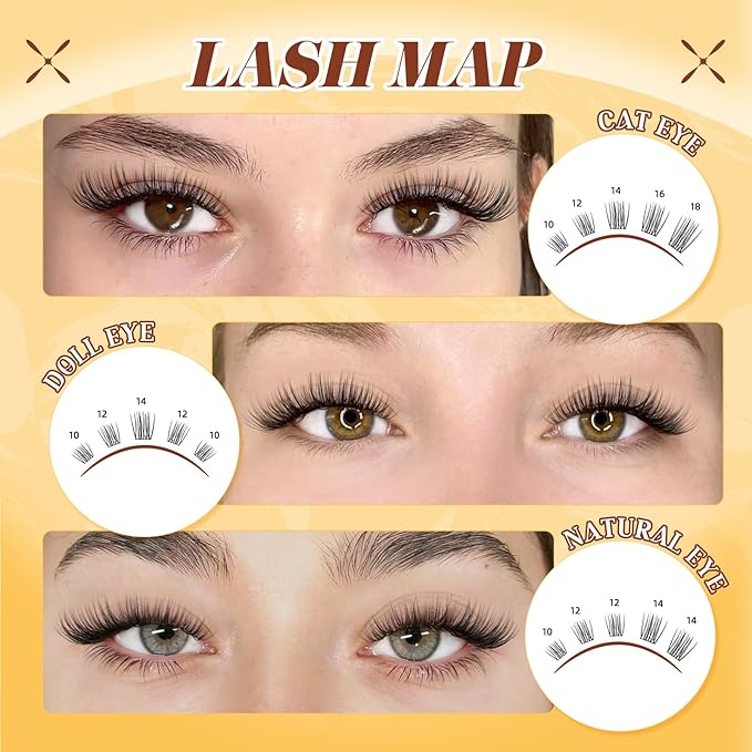 QUEWEL Lash Clusters Kit, 144PCS Natural Lash Custers with Lash Bond and Seal, C Curl Wispy Cluster Lashes Natural Look with Thin Band Easy to use for Beginners (DJ-FD-A）
