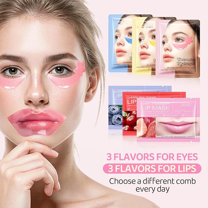 30PCS Lip Masks & Gel Eye Masks,Crystal Collagen Eye Patches for Puffy Eyes, Moisturizing& Reducing Fine Lines Dark Circle Eye Patches for Women Men