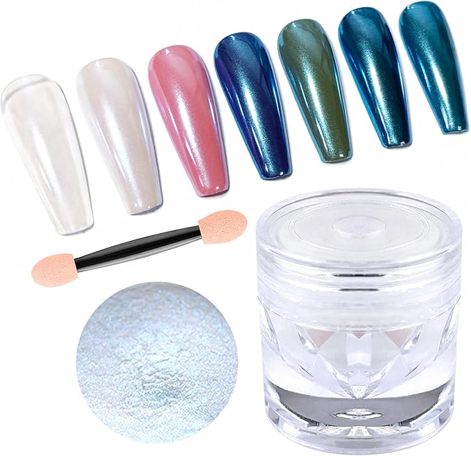 White Chrome Nail Powder Shimmer Clear Aurora Mirror Effect Ice Transparent Blue Glitter Pigment Chrome Powder for Nails Gel Polish Design Unicorn Pearl Powders 0.5g