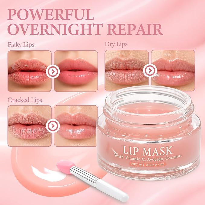 lip Mask Overnight, 24-Hour Intensive Repair for Dryness & Cracking, Lip Sleeping Mask with Hyaluronic Acid, Collagen, Vitamin A & E, Long-Lasting Hydration, Gentle Formula, Lightweight, 0.7Oz