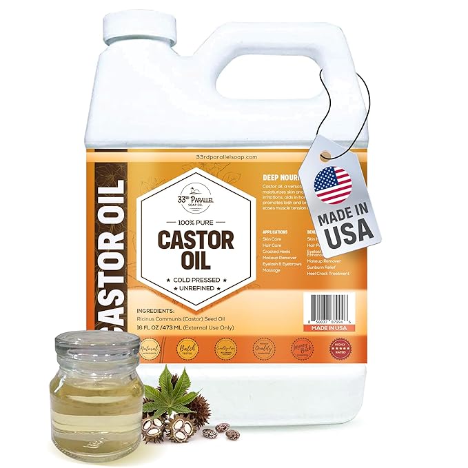 CASTOR OIL ( 16 oz ) Premium Cold Pressed Unrefined | Hexane Free | 100% Natural Promotes Healthy Skin & Hair | Thickens Eyebrows Lengthens Eyelashes | Strengthens Nails Cuticles | Massage | 16 FL OZ