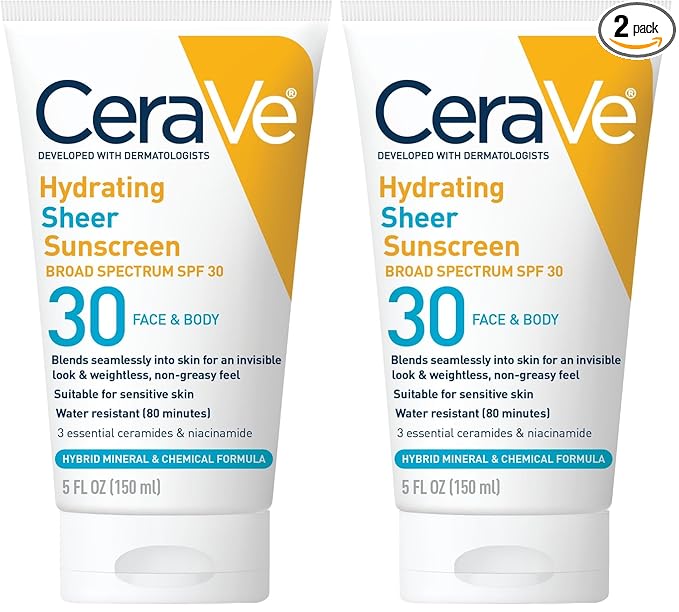 CeraVe Hydrating Sheer Sunscreen with SPF 30 for Face and Body,Mineral&Chemical Sunscreen for Men&Women with Zinc Oxide,Hyaluronic Acid and Ceramides,Paraben-Free + Fragrance-Free,5 Ounces,(Pack of 2)