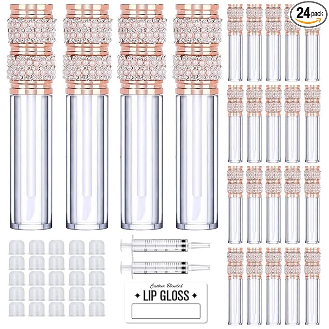 AMORIX 24 Pack Pearl Diamond Lip Gloss Tubes with Wand 5ml Empty Containers + 2pcs Syringes for DIY Lip Balm