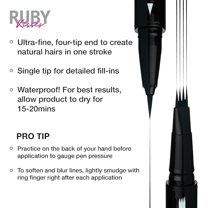 Ruby Kisses Go Brow Microblading Eyebrow Pen, Waterproof Eyebrow Pencil for Women, Dual-Ended Liquid Tattoo Brow Pencil with 4-Fork & Precise Brush Tip for Natural Hair-Like Strokes (Black Brown)