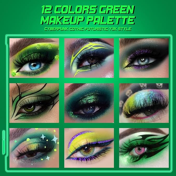 Afflano Multichrome Green Eyeshadow Palette, Color-Shifting Emerald Green Glitter Eyeshadow Pallet, Yellow Lime Teal Chrome Eye Shadow Palette for Women Blue Brown Eyes Makeup Party Daily Goth Look