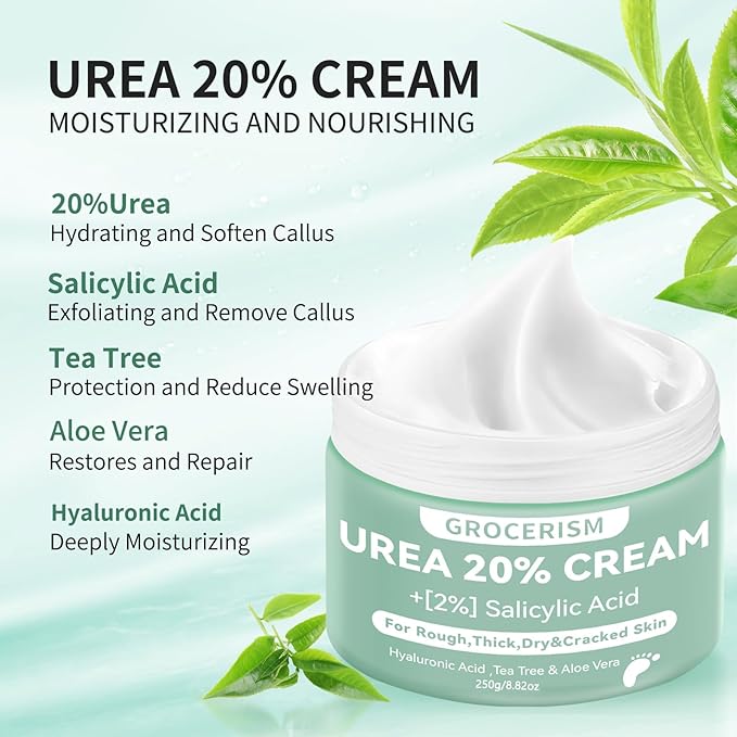Grocerism Urea Cream 20 Percent For Feet Plus 2% Salicylic Acid 8.82 oz || Foot Cream and Hand Cream Maximum Strength with Hyaluronic Acid, Tea Tree, and Aloe Vera for Deep Moisturizes, Callus Remover
