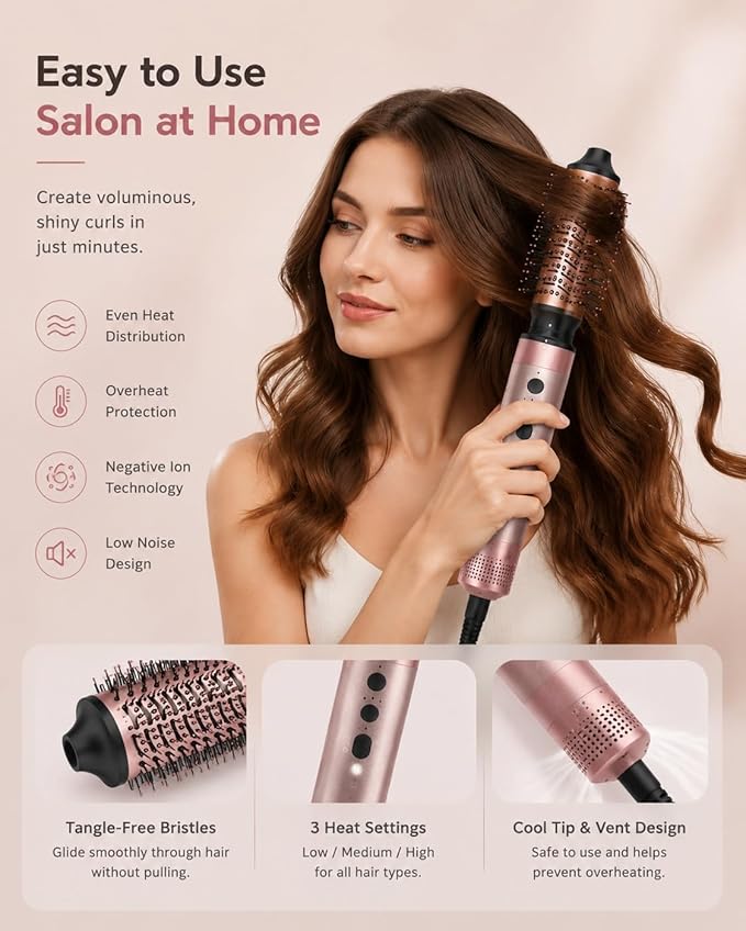 Brightup 5 in 1 Air Styler, 1400W High Speed Hair Dryer Brush, Professional Automatic Hair Curler with Cool Shot Button, 800 Million Ionic, No Heat Damage, with Travel Bag