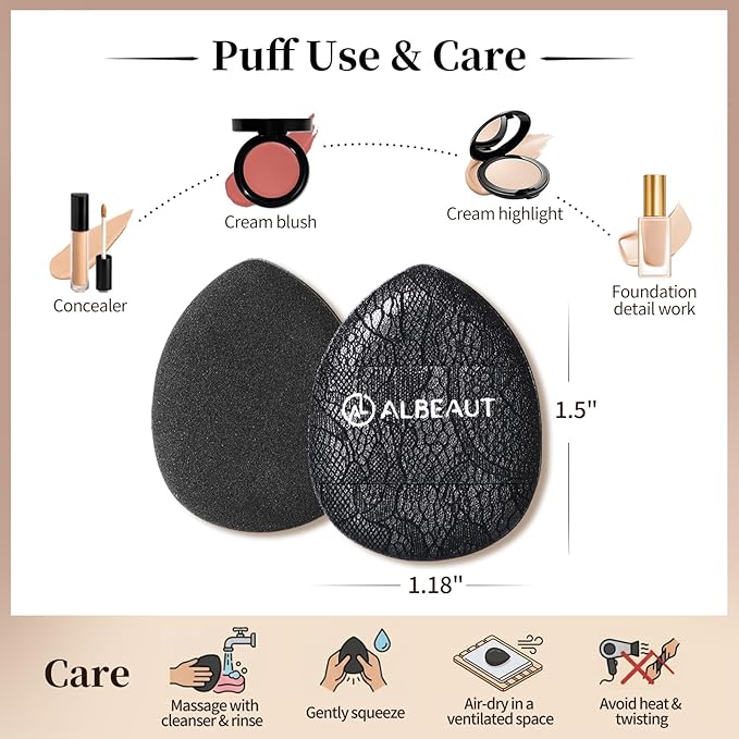 ALBEAUT Mini Cushion Puff, 4PCS Finger-Fit Teardrop Makeup Applicator for Concealer, Cream Blush & Highlighter, Precision Detail Puff for Under Eye & Nose