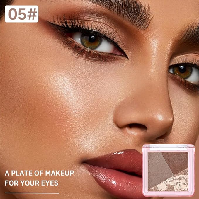 Warm Brown Gold Shimmer Baked Eyeshadow Palette, 3 Color High Pigment Blendable Eye Shadow Makeup for Older Women, Travel Mini Palette Suitable for All Eye Shapes, Vegan Cruelty-Free Glam Look 05#