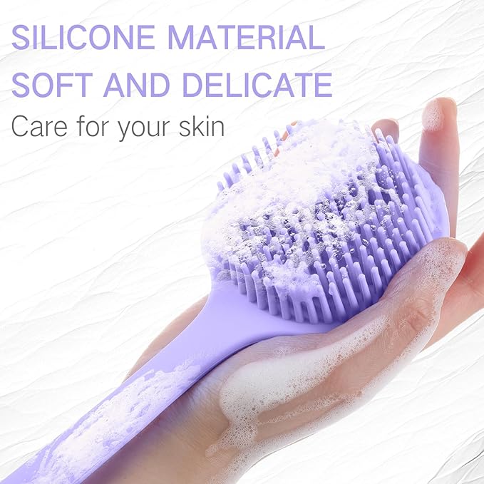 Sunnyray 2 Pack Silicone Back Scrubber for Shower with 15" Long Handle Double-Sided Bath Body Brush for Exfoliating Easy to Clean Quick Dry Deep Cleaning Lathers Well(Purple)