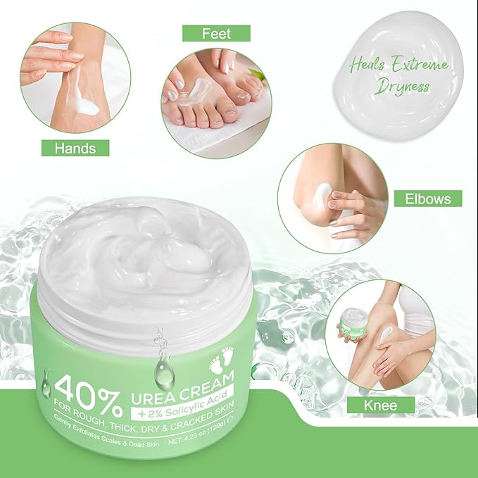 Urea Cream 40%, with 2% Salicylic Acid 4.23 oz, Powerful Softening of Cracked Heels, Quick Absorption, Urea Foot Cream for Dry Heels, Hands, Feet, Knees & Elbows