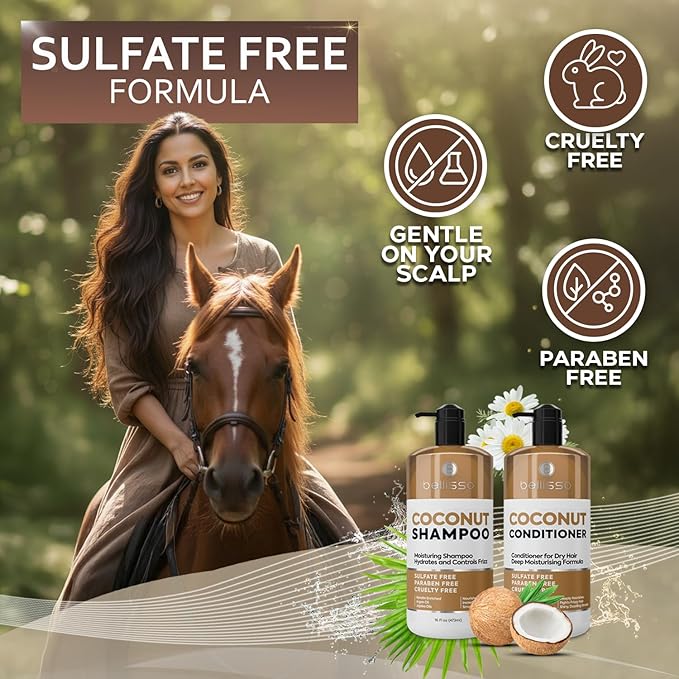 Coconut Shampoo and Conditioner Set - Sulfate Free, Deep Moisturizing, Hydrating, Anti Frizz Formula for Women and Men - Professional Salon Grade - Dry, Damaged Hair Care Products 16 Fl Oz (Set of 2)