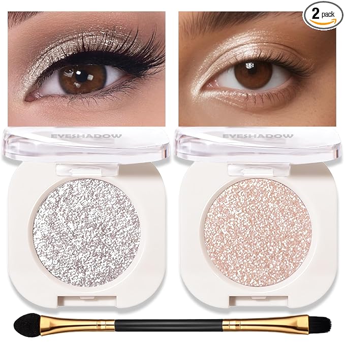 Shimmer Glitter Eyeshadow Palette 2 PCS, Pear White Silver Eye Shadow Palettes Sparkle Neutral Eyeshadow for Women, Smooth Powder Lightweight Blendable Compact Daily Eyes Makeup, Set B