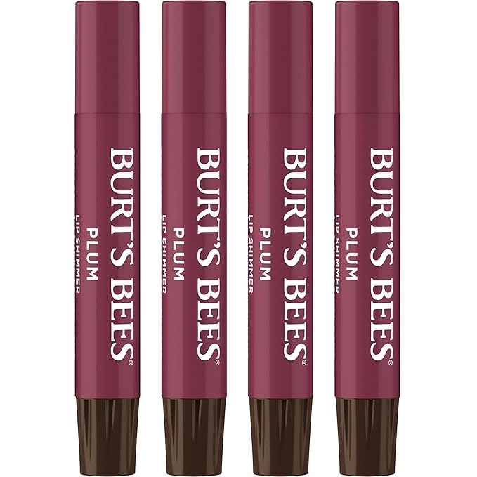 Burt's Bees Shimmer Lip Tint Set, Mothers Day Gifts, Tinted Lip Balm Stick, Moisturizing for All Day Hydration with Natural Origin Glowy Pigmented Finish & Buildable Color, Plum (4-Pack)