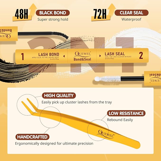 QUEWEL DIY-Lash-Extension-Kit, 3D Fluffy-Lashes-Clusters-Kit with 280PCS 30+40+50D Lashes Clusters Mixed 10-16mm Eyelash Clusters, Lash Bond and Seal, Eyelashes Tweezers DIY at Home(3D 30+40+50 KIT)
