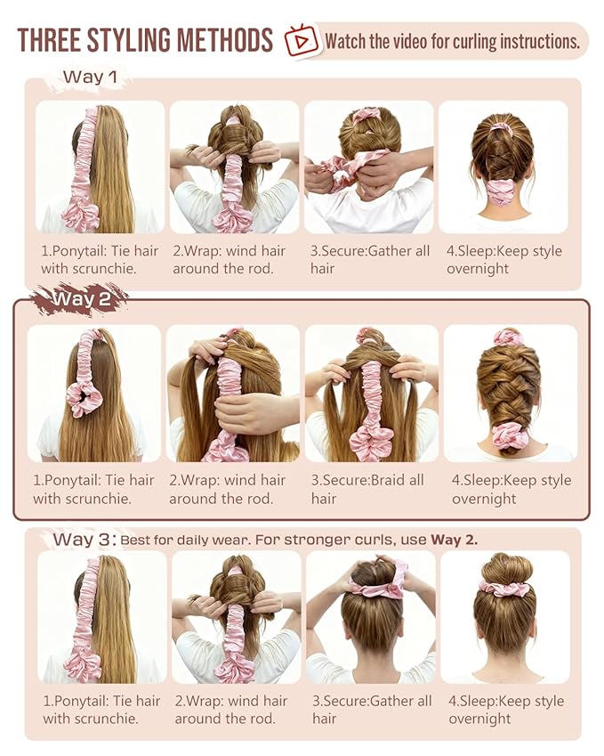 BONNET QUEEN Multi-function Satin Heatless Hair Curler & Hair Tie Non-Heating Hair Roller Curling Rod with Scrunchie, Large, Cream Pink(For Big Curls)