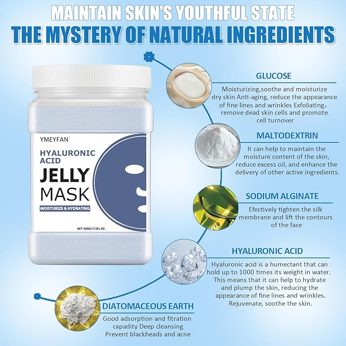 YMEYFAN Jelly Mask for Facial Professional, Jelly Mask Powder for Skincare Hydrating, Vegan Sodium Alginate Mask, Paraben Free, Fragrance Free, 17.6Fl Oz/Jar (Hyaluronic Acid)