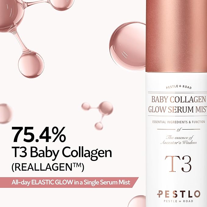 PESTLO T3 Baby Collagen Glow Serum Mist Spray for Korean Glass Skin - 75.4% Reallagen/T3 Vegan Collagen, PDRN, Phyto-Amino Acid Complex, Voluform for Elasticity, Radiance & Firmness, 1.69 Fl Oz (50ml)