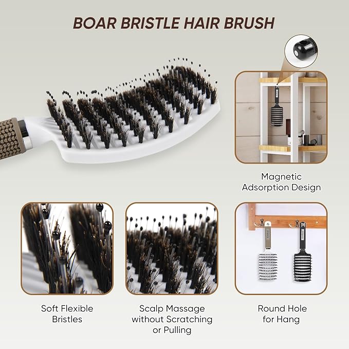 Boar Bristle Hair Brush 2PCS, Curved Vented Detangling Brush for Wet and Dry Hair, Styling Paddle Hairbrush for Women Men Kids Curly Straight Thick Long or Short Hair