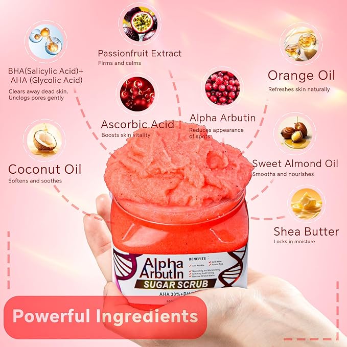 Alpha Arbutin Sugar Body Scrub, AHA + BHA, Anti-Acne, Anti-Wrinkle, Nourishing and Moisturizing Formula (2)