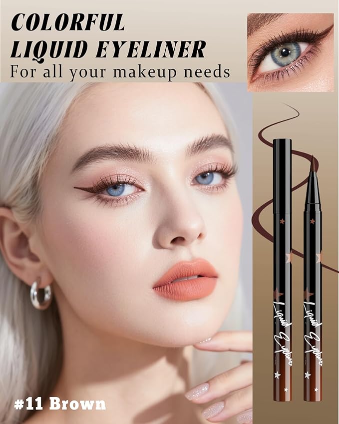 Colored Liquid Eyeliner Pen, Brown Waterproof Waterline Matte Eye Liner Pencil, High Pigmented Long Lasting Quick Drying Bright Colorful Eyeliner Pen for Women, Valentine’s Day Eye Makeup Gifts-11