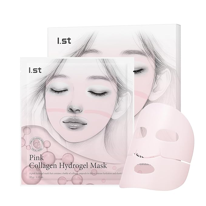 I.st Pink Collagen Hydrogel Face Mask, Ampoule-Infused Korean Sheet Mask, Cooling Hydration, Firm-Looking Glow, 1.12 Oz x 5ea