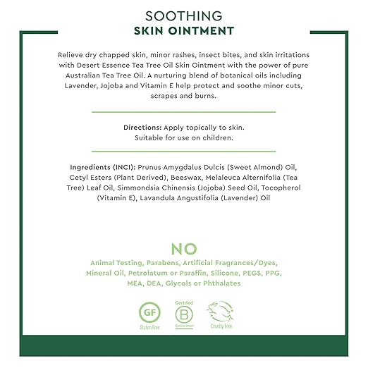 Desert Essence Organic Tea Tree Oil Skin Ointment - 1 Fl Oz - Pack of 4 - Jojoba & Lavender Essential Oils - Vitamin E - Sweet Almond Extract - Moisturizer For Dry Skin, Skin Irritations, Cuticles