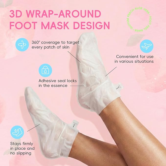 QUIYUM Peach & Aloe Vera Exfoliating Foot Mask, Foot Peeling Mask with Lactic Acid & Urea, Niacinamide & Hyaluronic Acid, for Dry Cracked Feet, Smooth, Glow, Soften, 6 Pairs, Stocking Stuffers