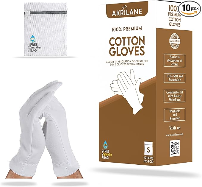 S Small 10 Pairs 100% Premium Cotton Gloves for Dry Hands | Moisturizing Overnight Gloves for Eczema, Psoriasis & Skin Spa Treatment for Women & Men | Washable & Reusable with Free Laundry Bag