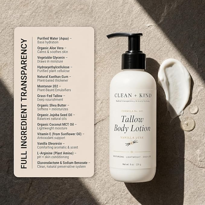Vanilla Tallow Body Lotion 16 oz Family Size — Hydrating Non-Toxic Body Moisturizer & Cream, Grass-Fed Beef, Organic Shea, Jojoba, Coconut MCT & Aloe for Dry Sensitive Skin
