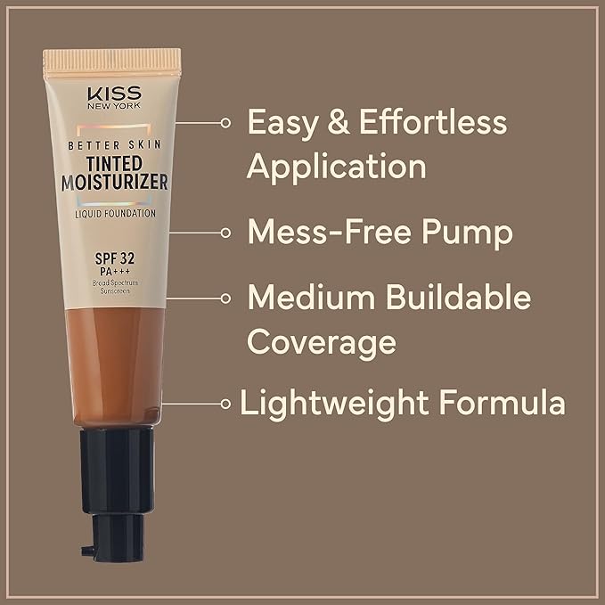 KISS NEW YORK Tinted Moisturizer with SPF 32 PA+++ (Cappuccino) 12 Hour Hydrating Sunscreen for Face, No White Cast for Dark Skin Tone, Natural Finish, Medium Coverage with Hyaluronic Acid, Vitamin E