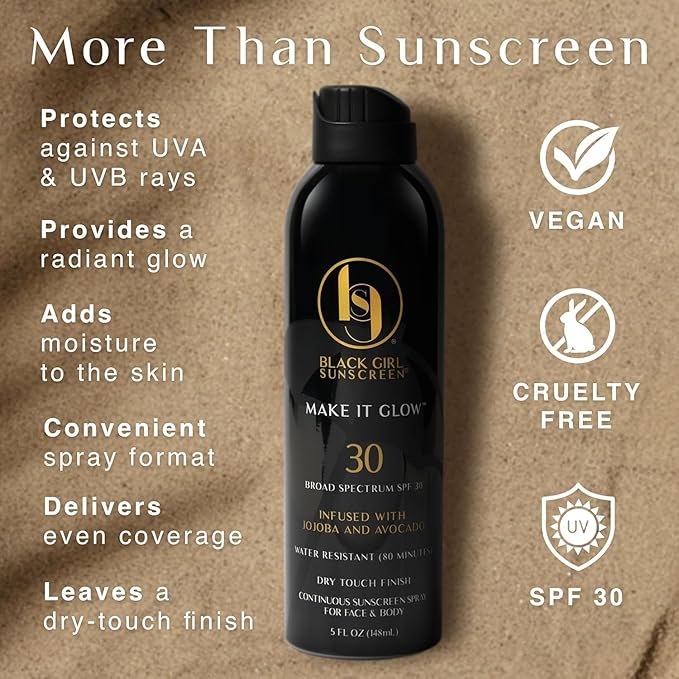 Black Girl Sunscreen Make it Glow Sunscreen Spray for Face & Body- SPF 30, Skin Protection for Travel & Beach, Water Resistant for 80 minutes, Ultra Sheer, No White Cast for Melanin Rich Skin- 5 fl oz