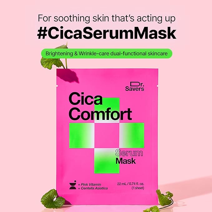 Dr. Savers Cica Comfort Face Serum Mask, 0.74 Fl Oz, Centella Asiatica, Acne Soothing, Lightweight Skin Barrier Repair, Irritated Sensitive Skin, Personalized Korean Skincare, 10 Sheets