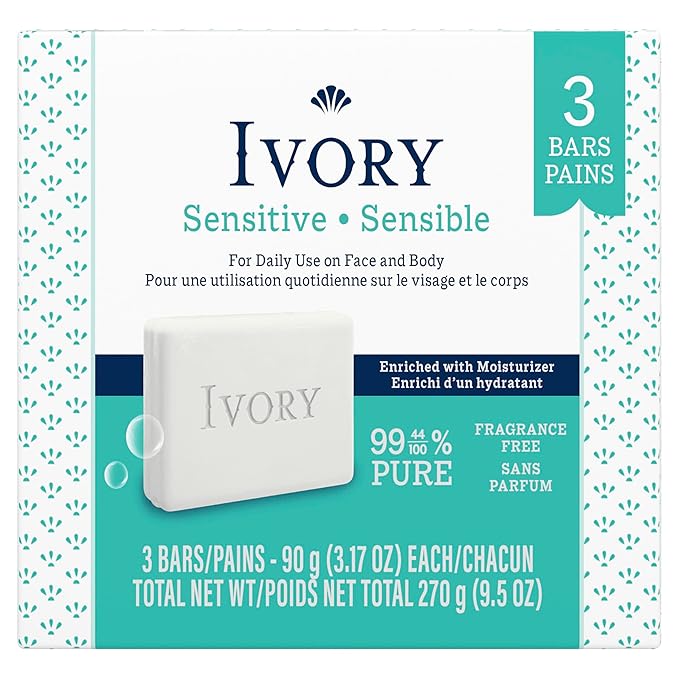 Ivory Sensitive Bar Soap, Designed for Whole Family, Fragrance Free, 99.44% Pure Formula, Plant-Based Cleanser, Made Without Heavy Perfume, Parabens & Phthalates, For All Skin Types, 3.17 oz (3 Count)