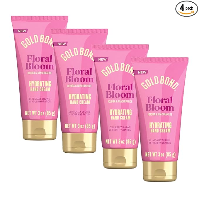 Gold Bond Floral Bloom Hydrating Hand Cream Set, Lightweight Everyday Hand Cream with Jojoba to Hydrate Skin & Niacinamide to Help Restore Skins Moisture Barrier, Fresh Floral Bloom Scent, 3 oz, 4 pk