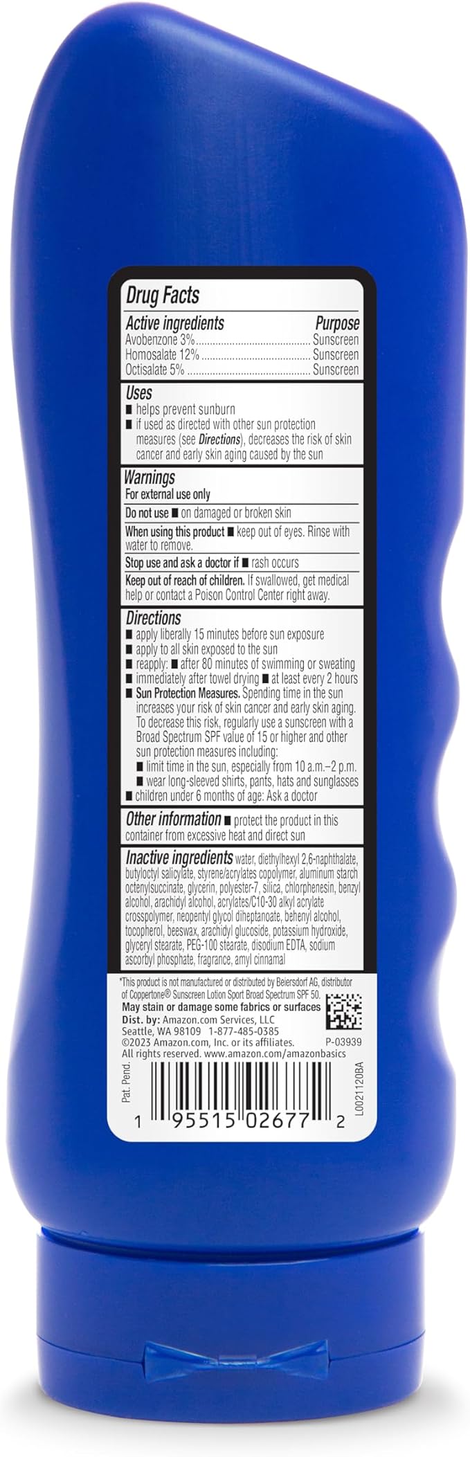 Amazon Basics Sport Body Sunscreen Lotion SPF 50, Water Resistant (80min), Fragrance Free, Formulated without Octinoxate & Oxybenzone, Broad Spectrum UVA/UVB Protection, 8 fl oz, 6-Pack