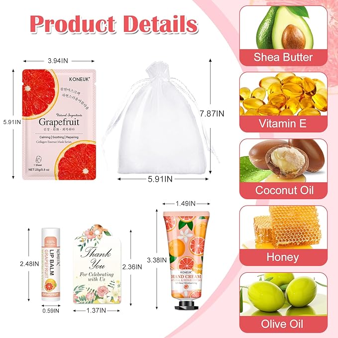 KONEUK 30 Pack Bulk Facial Mask, Bulk Hand Cream and Bulk Lip Balm Sets, Mothers Day Gifts for Mom, Teacher Appreciation Gifts, Nurses Week Gifts and Bridal Shower Favors, Birthday Gifts