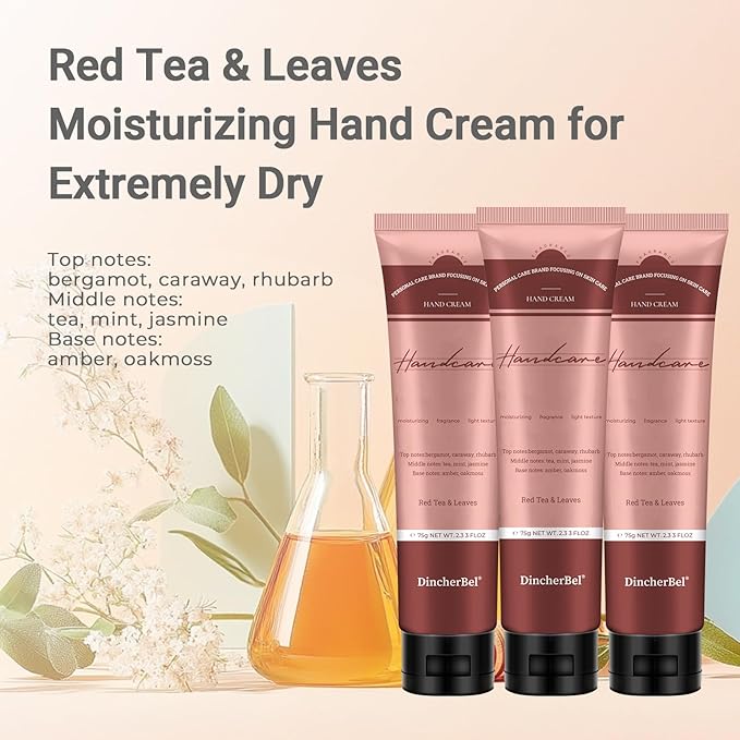 DincherBel 3 Pack Advanced Fragrance Hand Cream for Women and Girls, Deeply Moisturizing Hand Lotion for Dry Cracked Hands Non-greasy, Red Tea & Leaves Hand Cream Gift Set, 2.33oz