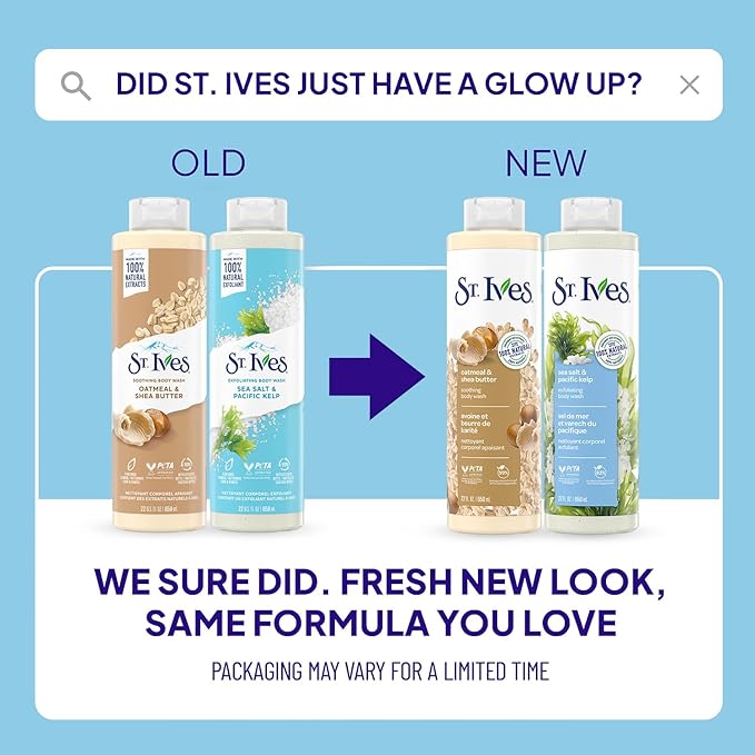 St. Ives Body Wash Variety 2-Pack, Soothing Oatmeal & Shea Butter + Exfoliating Sea Salt & Pacific Kelp, 100% Natural Extracts, Cruelty-Free, 22 Oz Ea