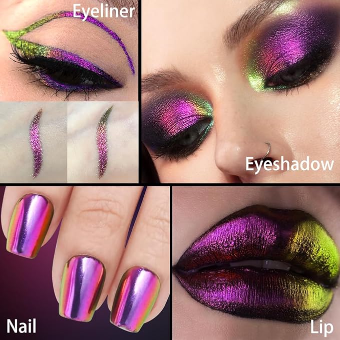 DE’LANCI Multichrome Iridescent Glitter Eyeshadow Makeup, Intense Color Shifting Single Chameleon Eyeshadow Palette, Super Pigmented Pink Rose Gold Green Shimmery Duo Chrome Colorful Eye Shadow