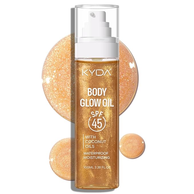 KYDA Travel Size Sunscreen, SPF 45 Body Glow Oil with Sequin Mica, Lightweight Moisturizing Coconuts Sunscreen SPF Glow Oil, Sun-kissed Shimmer Body Lotion, Water Resistant, 3.38 fl oz, AMBER