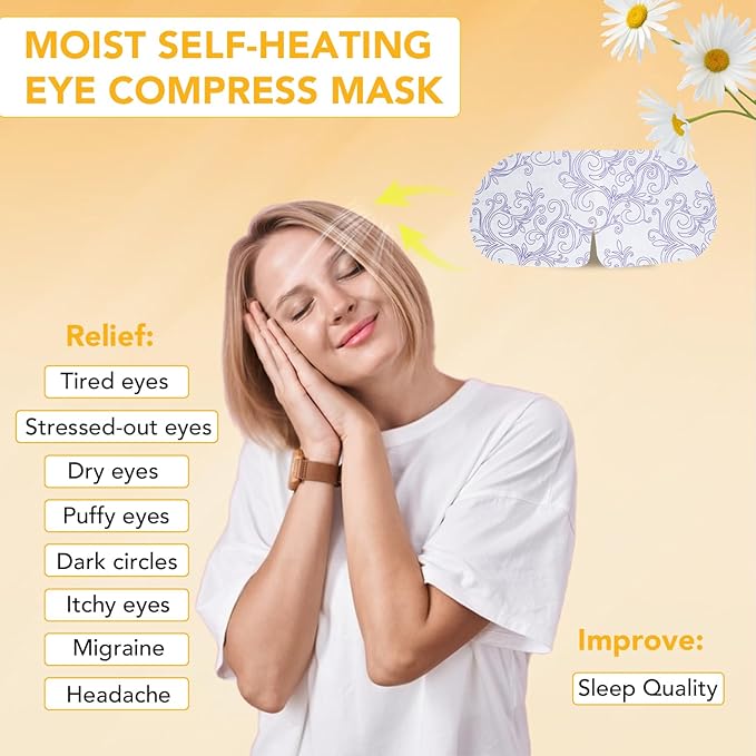 XPCARE Steam Eye Masks for Dry Eyes, Self Heated Steam Warm Eye Mask, Disposable Heated Eye Mask for Dark Circles, Puffy Eyes, Relief Stress Eye Fatigue (48PACK-Chamomile)