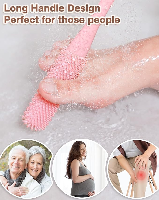 Toe Cleaning Brush,Foot Scrubber for Shower with 15.7" Long Handle Soft Silicone Cleaning Shower Brush Foot Care for Seniors,Elderly, Men and Women (Pink)