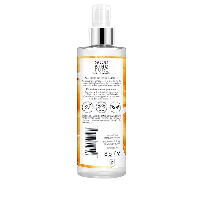 Good Kind Pure Vanilla Ginger Body Mist Spray - Energizing, Gourmand Fragrance - A blend of Casablanca Lily & Warm Vanilla - Clean, Vegan, & Long-Lasting Formula - 8.4 Fl Oz
