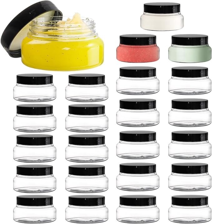 Yarlung 24 Pack 5 Oz Plastic Jars with Lids, Clear Body Scrub Jars Empty Refillable Containers Round Low Profile Samples Jars for Lotion, Body Butter, Sugar Scrub, Cream