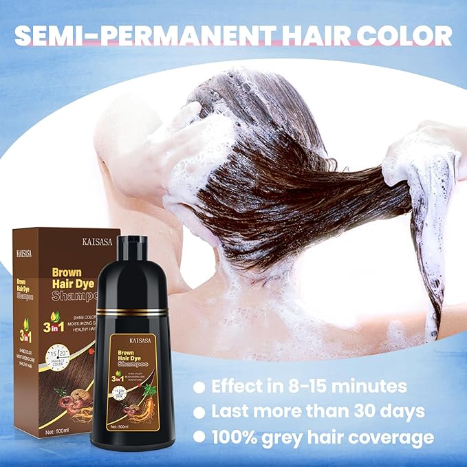 IIIMEIDU Hair Dye Shampoo 3 in 1 for Grey Coverage, Herbal Ingredients Shampoo Hair Dye for Women Men 500ml (Brown)